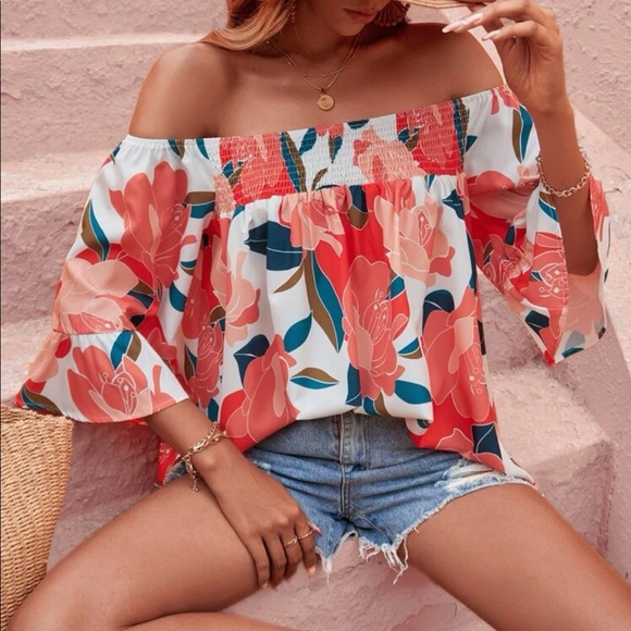 Tops - Boho Floral Print Smocked Shirred Off shoulder Top Blouse